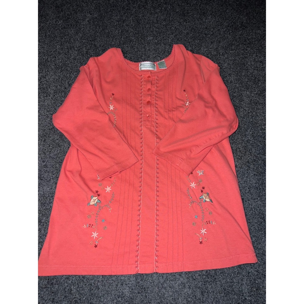 Shenanigans Womens Large Coral Pink Floral Embroidered Long Sleeve Pintuck Top